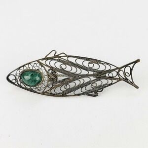 Vintage Fish Brooch Pin 925 Sterling Silver Malachite Filigree Made in Israel